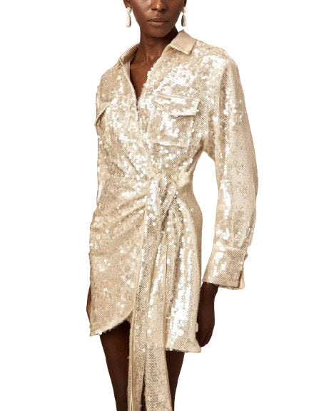 Belted Sequin-Embellished Wrap Mini Dress - Dresses