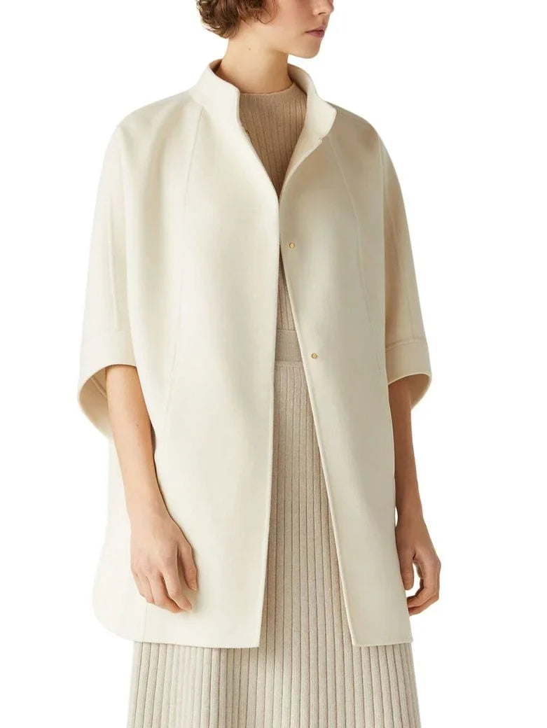 Belted Short Cape Coat with Mock Neck in White - Coats