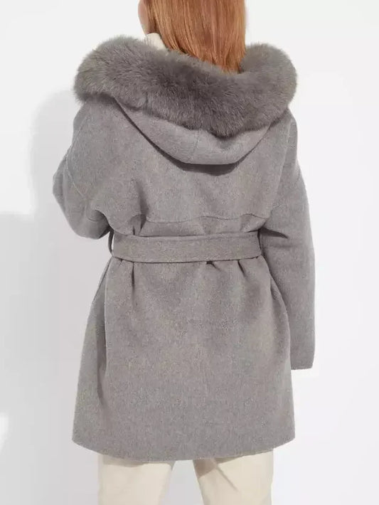 Belted Short Wool Cashmere Coat with Fur-Trim Hood in Grey - Coats