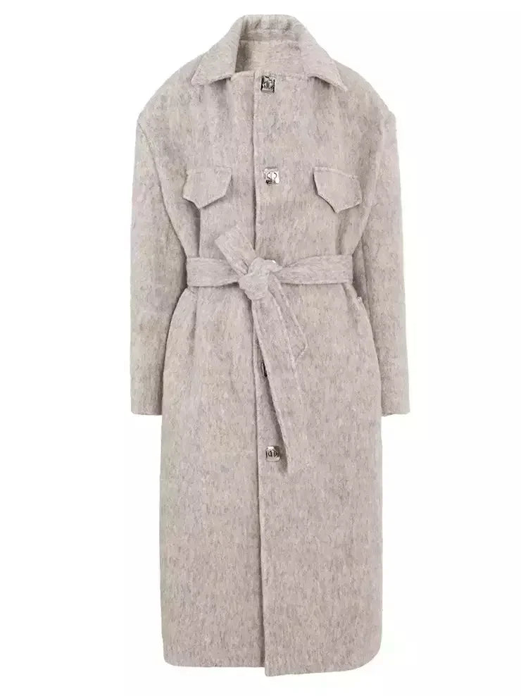 Belted Single-Breasted Mohair-Look Textured Coat - Coats