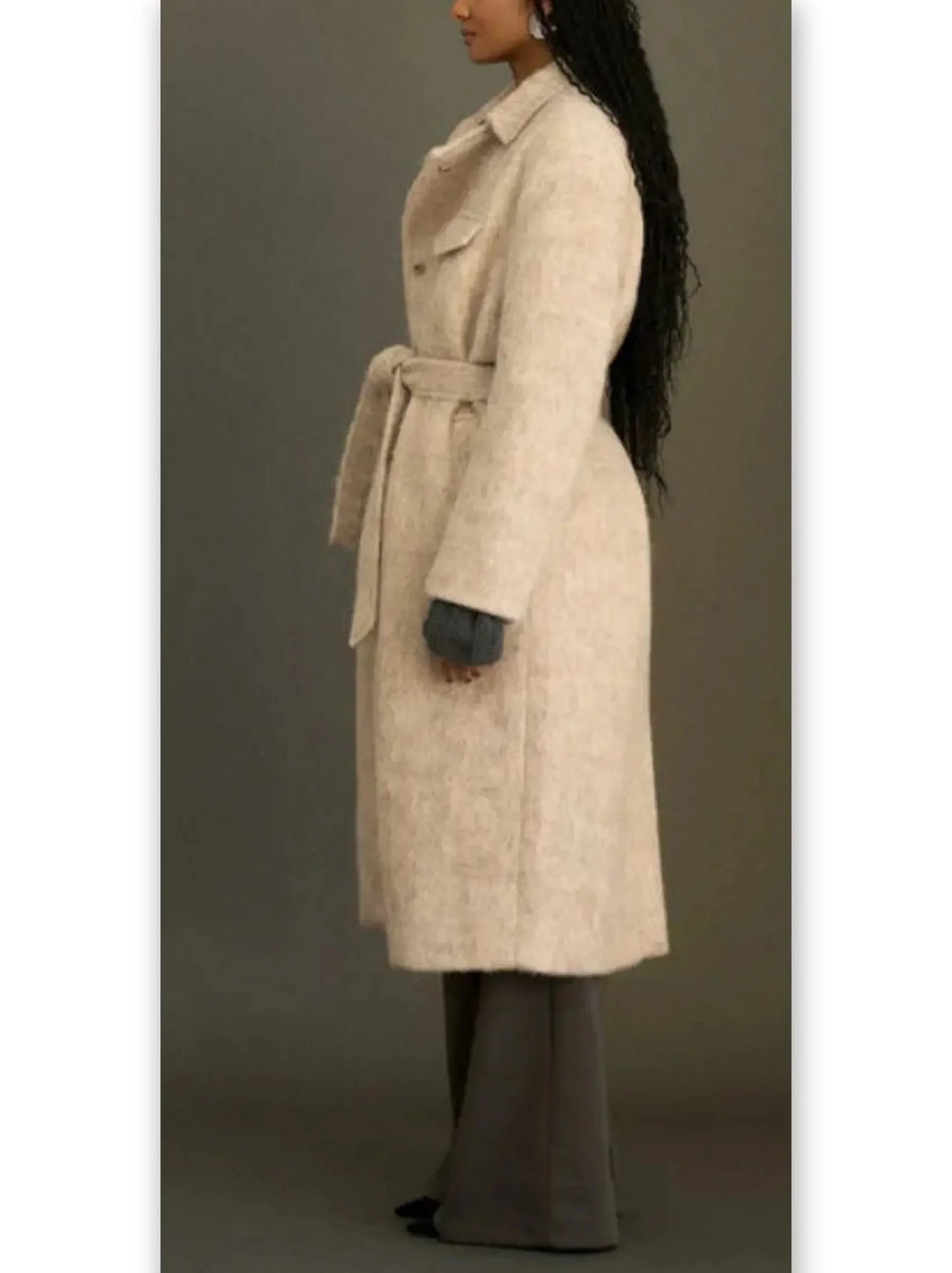 Belted Single-Breasted Mohair-Look Textured Coat - Coats