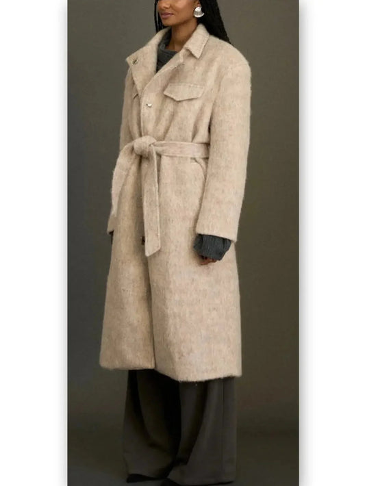 Belted Single-Breasted Mohair-Look Textured Coat - Coats