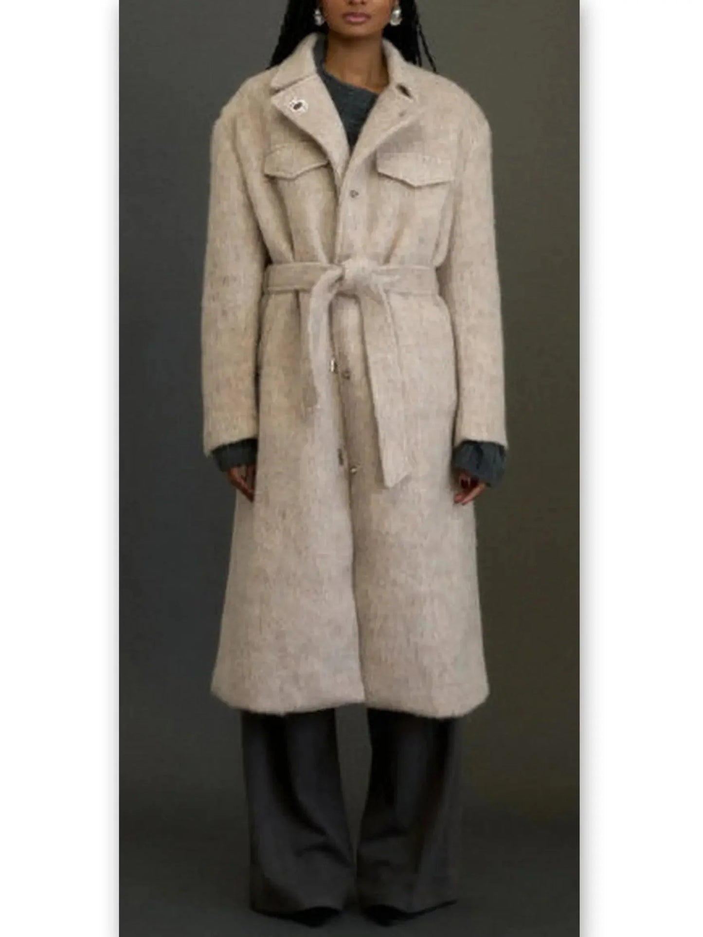 Belted Single-Breasted Mohair-Look Textured Coat - Coats