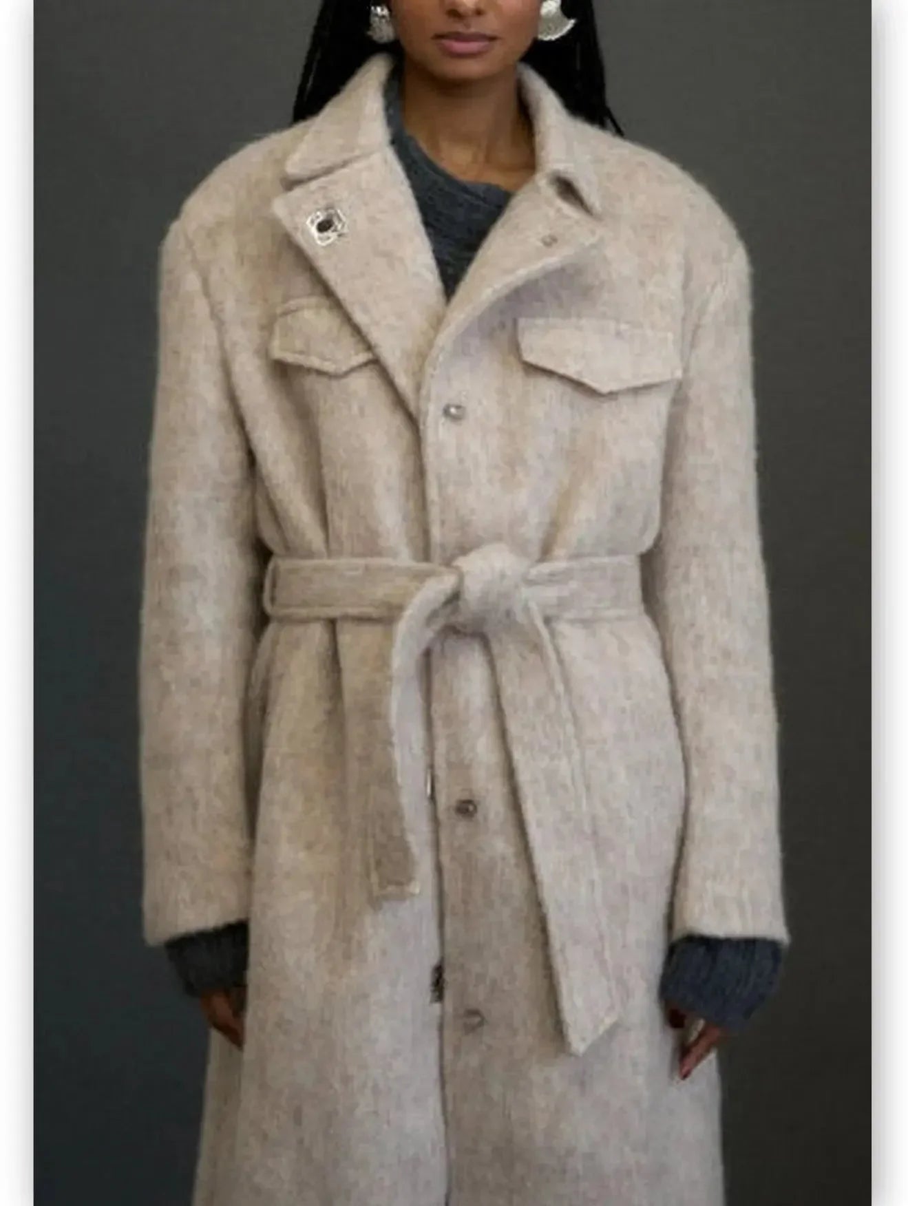 Belted Single-Breasted Mohair-Look Textured Coat - Coats
