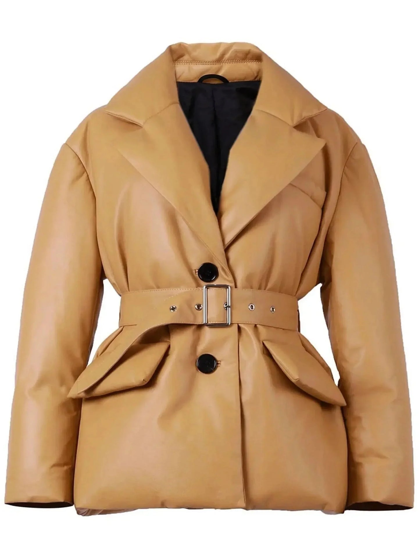 Belted Single-Breasted Padded Leather Jacket - Jackets