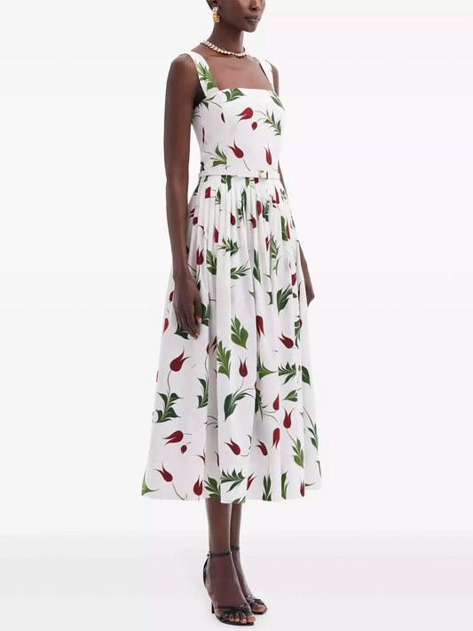 Belted Tulip Printed White Sundress - Dresses