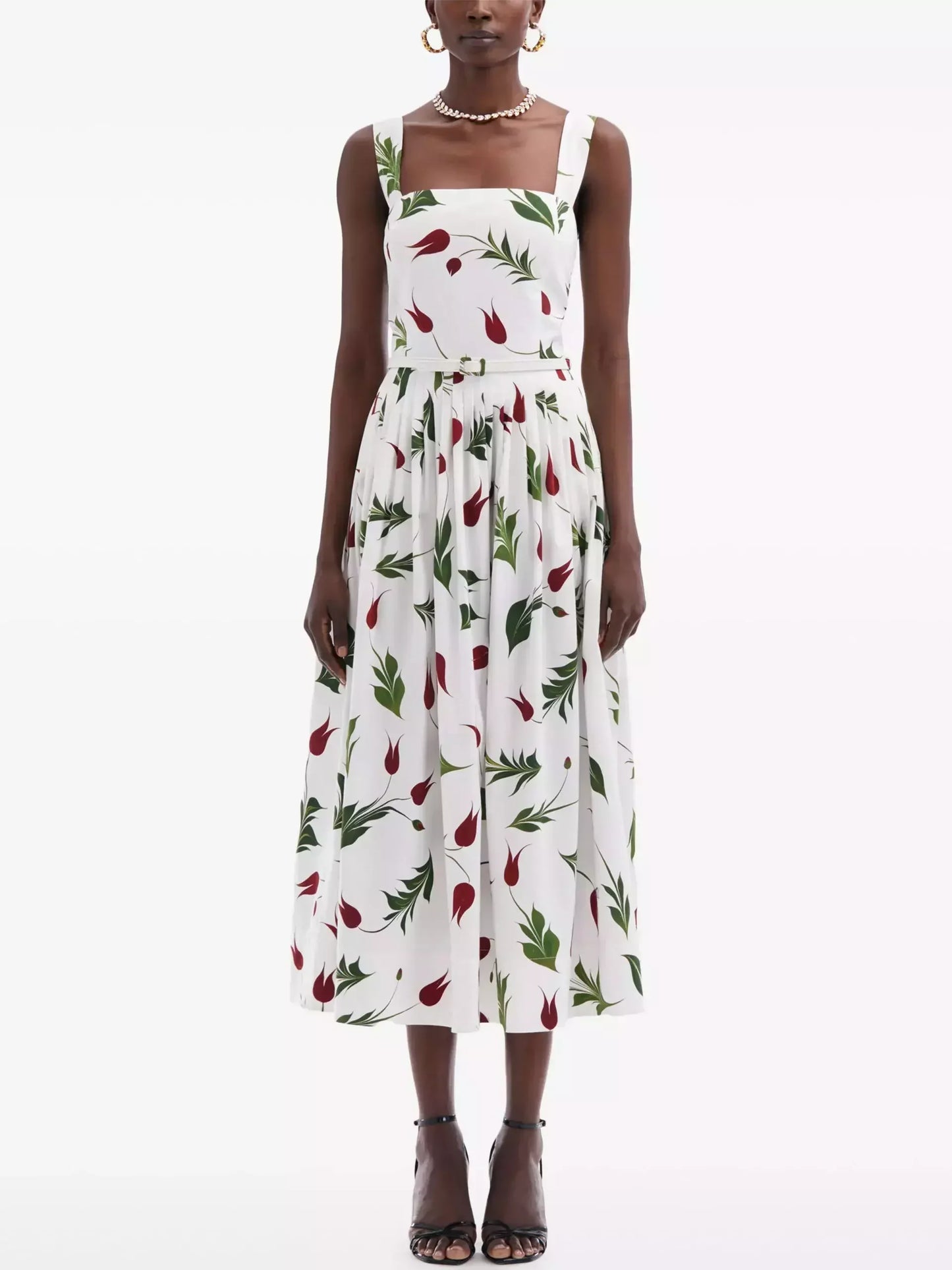Belted Tulip Printed White Sundress - Dresses