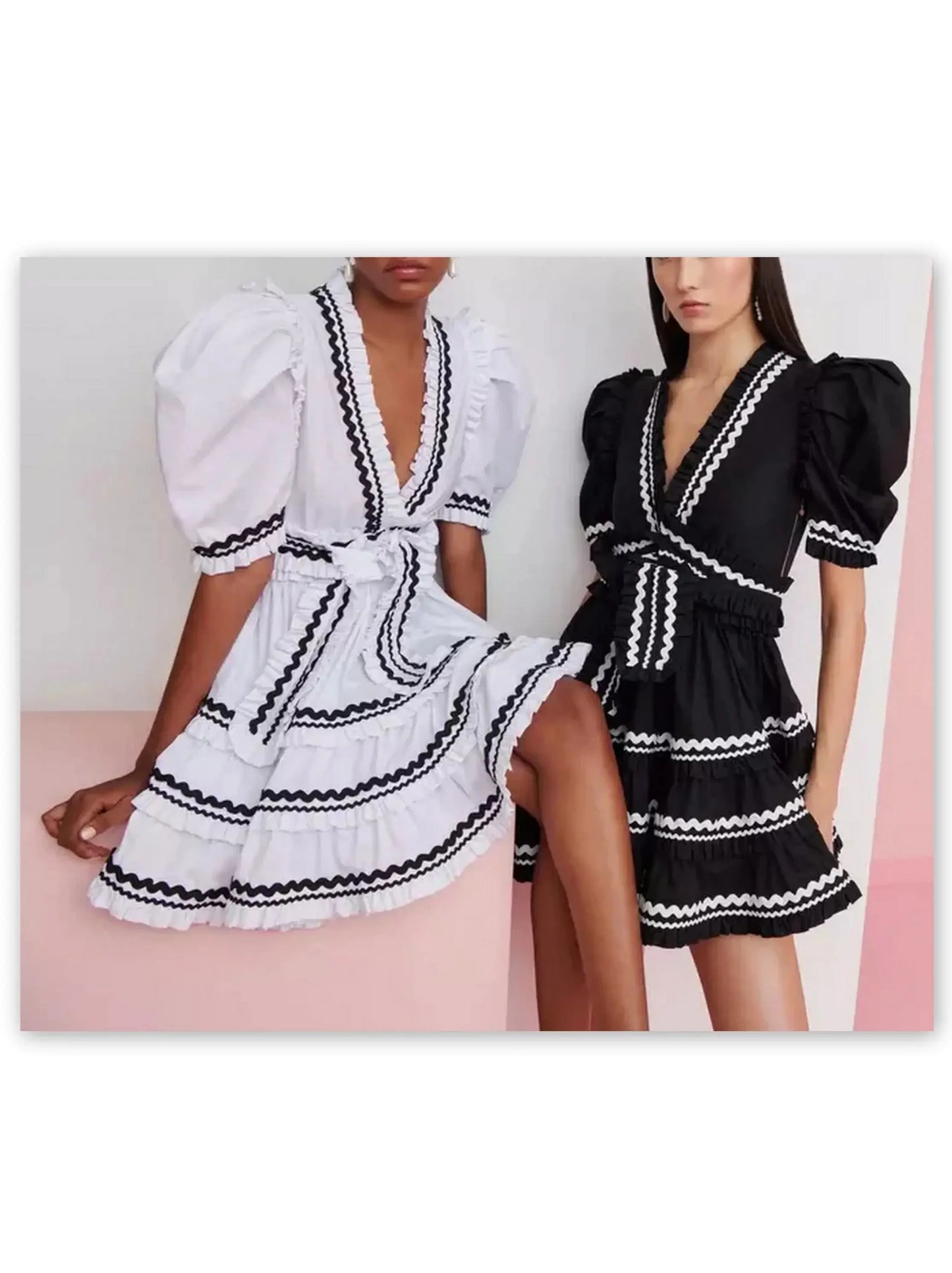 Belted V-Neck A-Line Mini Dress in White and Black - Dresses