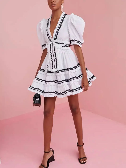 Belted V-Neck A-Line Mini Dress in White and Black - Dresses