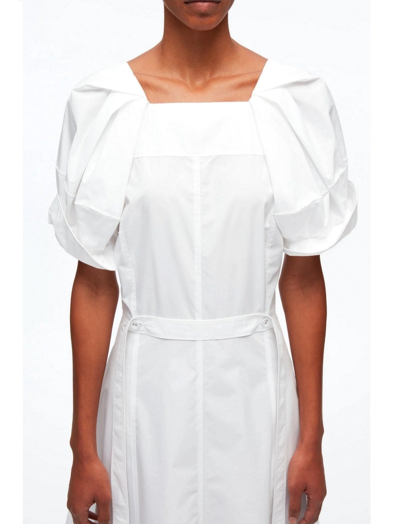 Belted White Cotton Puff-Sleeve Midi Dress - Dresses