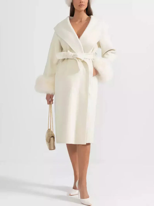 Belted Wool and Cashmere Coat with Fur Cuffs - Coats