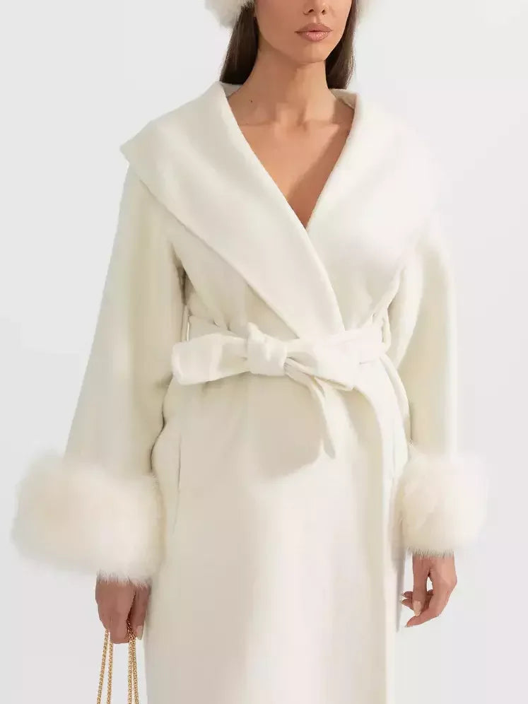 Belted Wool and Cashmere Coat with Fur Cuffs - Coats