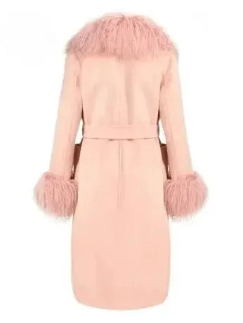Belted Wool Cashmere and Mongolian Fur Coat in Pink - Coats