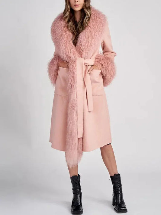 Belted Wool Cashmere and Mongolian Fur Coat in Pink - Coats