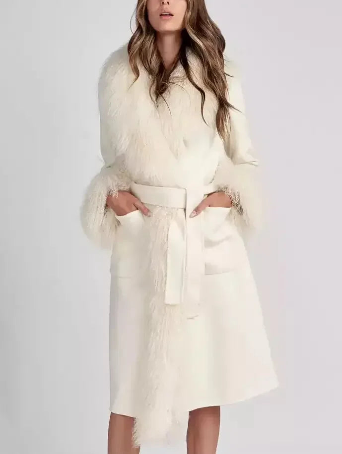 Belted Wool Cashmere and Mongolian Fur Coat in White - Coats