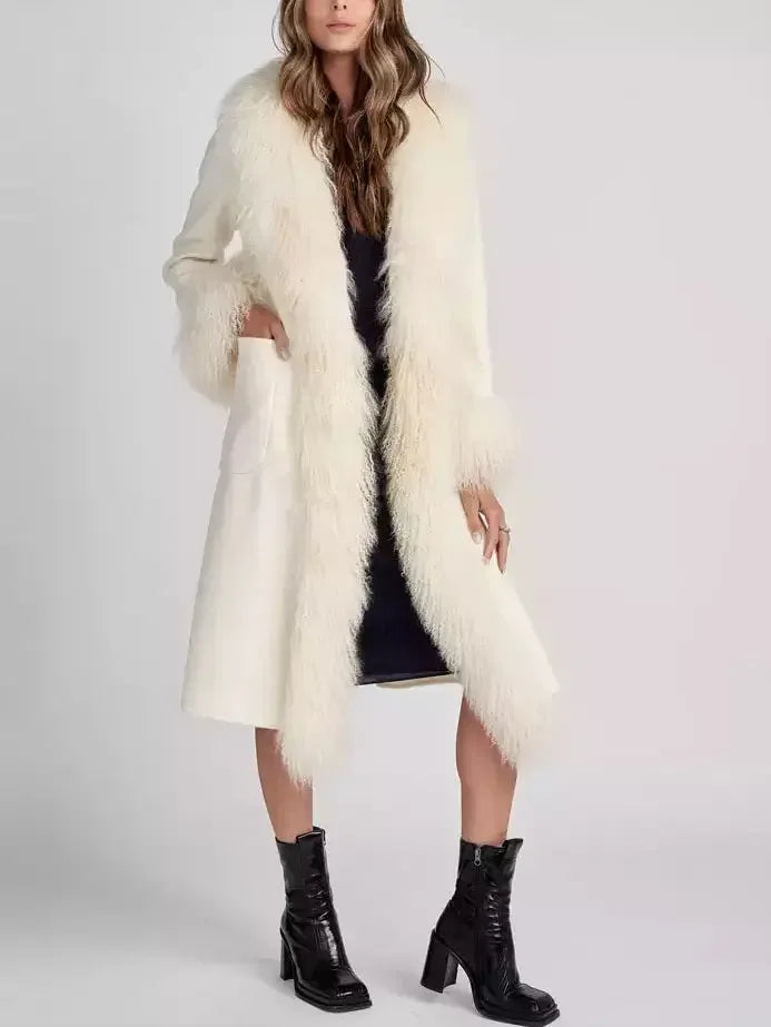 Belted Wool Cashmere and Mongolian Fur Coat in White - Coats