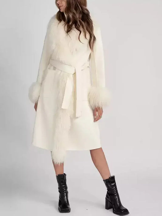 Belted Wool Cashmere and Mongolian Fur Coat in White - Coats