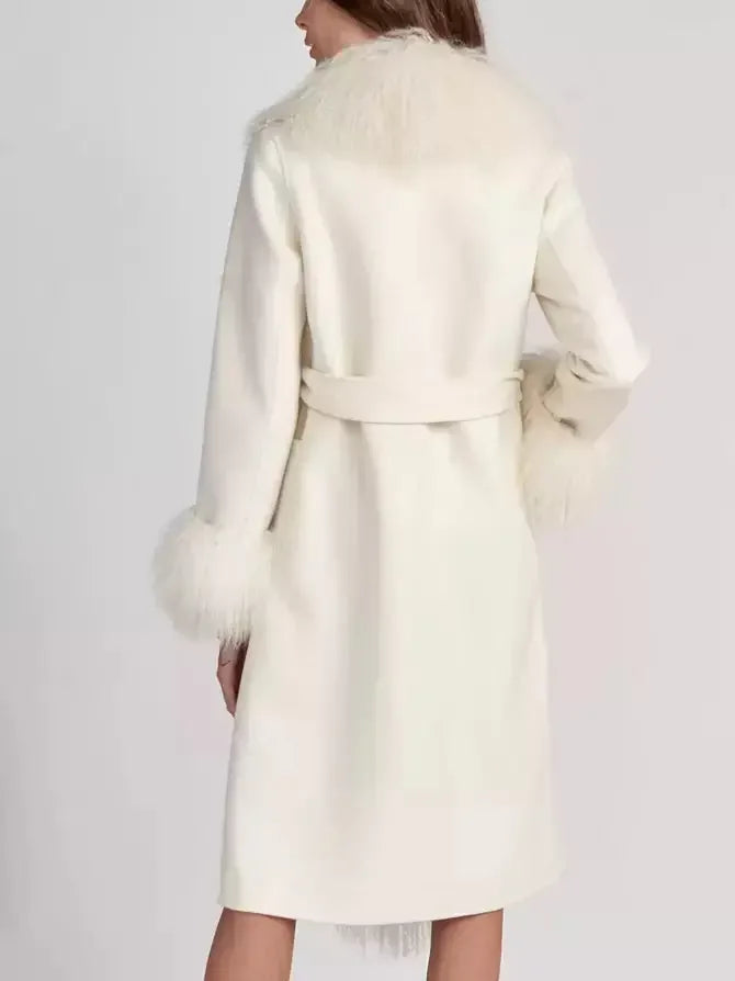 Belted Wool Cashmere and Mongolian Fur Coat in White - Coats