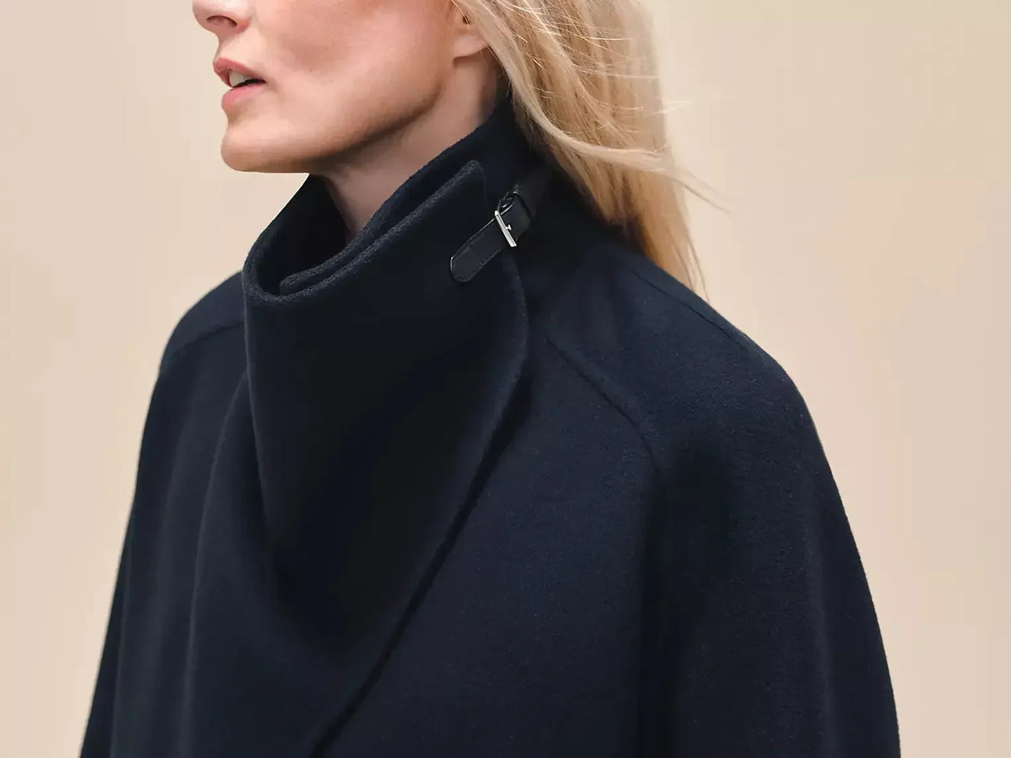 Belted Wool Cashmere Short Coat with Leather Tab in Black - Coats