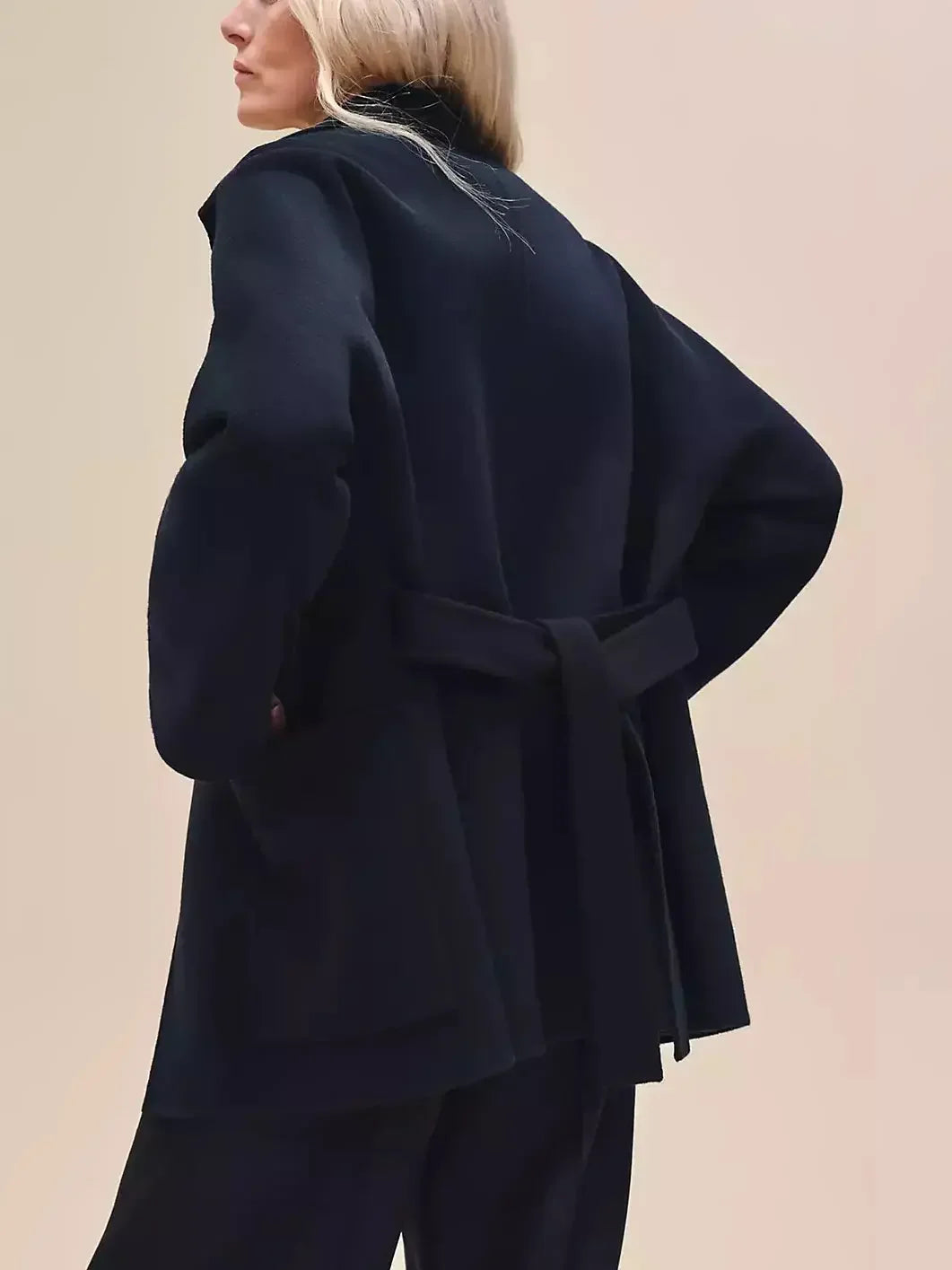 Belted Wool Cashmere Short Coat with Leather Tab in Black - Coats