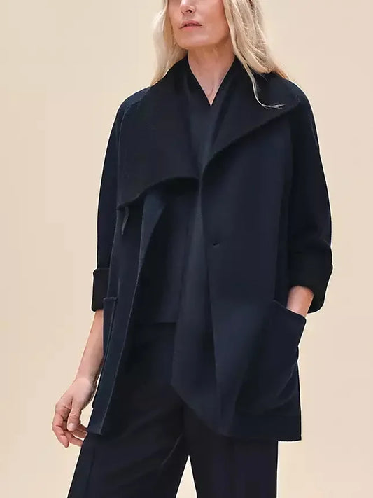 Belted Wool Cashmere Short Coat with Leather Tab in Black - Coats