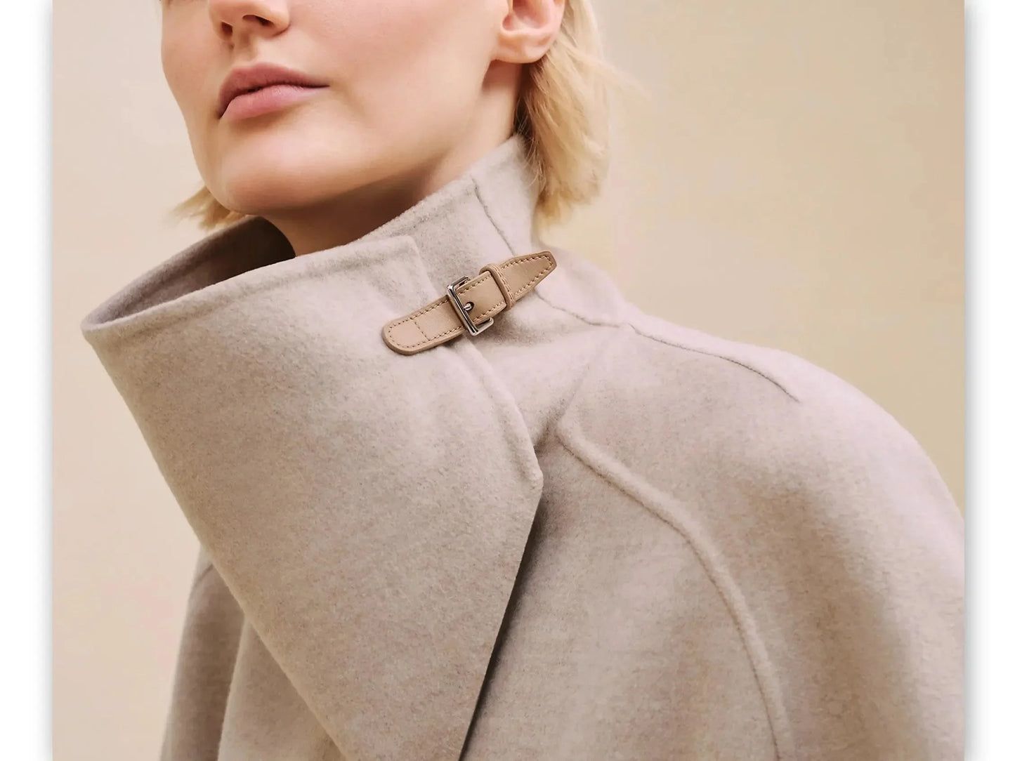 Belted Wool Cashmere Short Coat with Leather Tab in Light Taupe - Coats