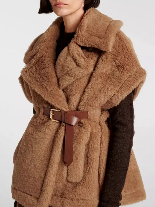 Brown faux fur belted vest from the Belted Wool Teddy Gilet in Camel collection