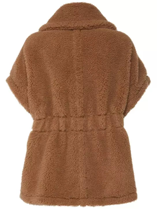 Brown faux fur vest featured in Belted Wool Teddy Gilet in Camel for stylish layering
