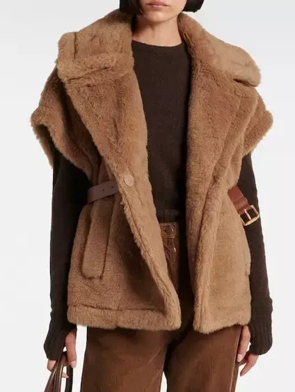 Brown faux fur belted vest featured in Belted Wool Teddy Gilet in Camel