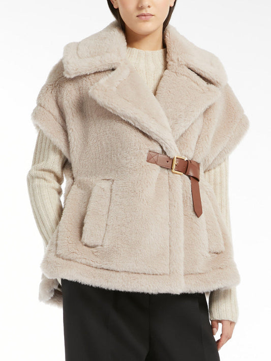 Beige faux fur vest with brown belt featured in Belted Wool Teddy Gilet in Sand