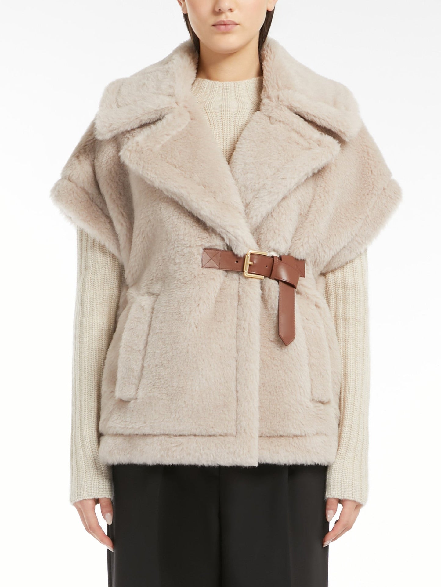 Beige faux fur vest with brown belt, perfect for the Belted Wool Teddy Gilet in Sand