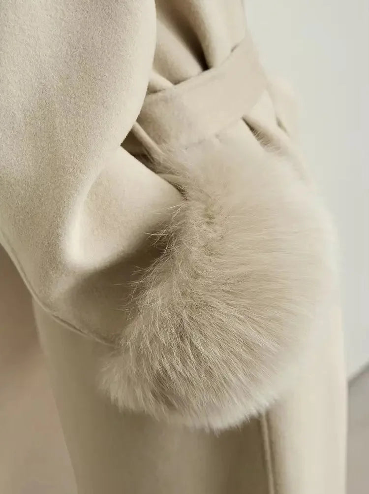 Belted Wrap Wool Coat with Detachable Fox Fur Cuffs in Beige - Coats