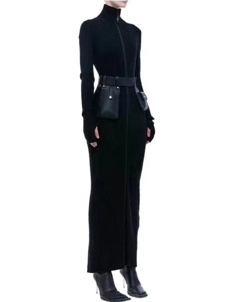 Belted Zip Knit High-Neck Maxi Dress - Dresses