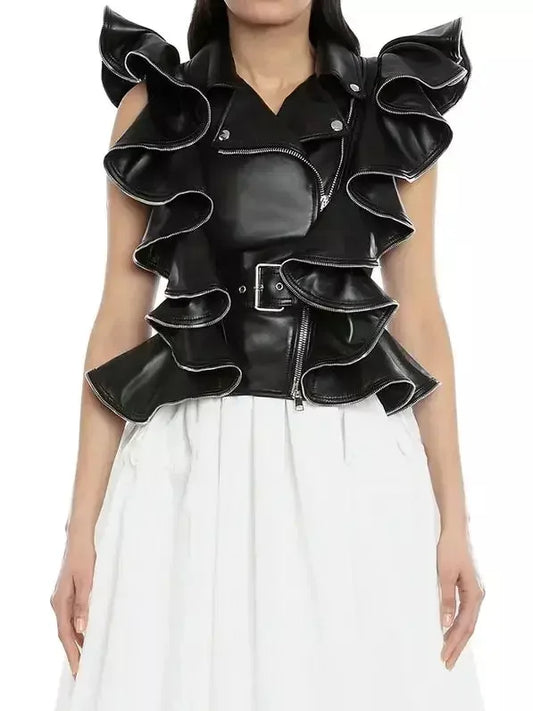 Belted Zipped Ruffle Leather Vest - Jackets