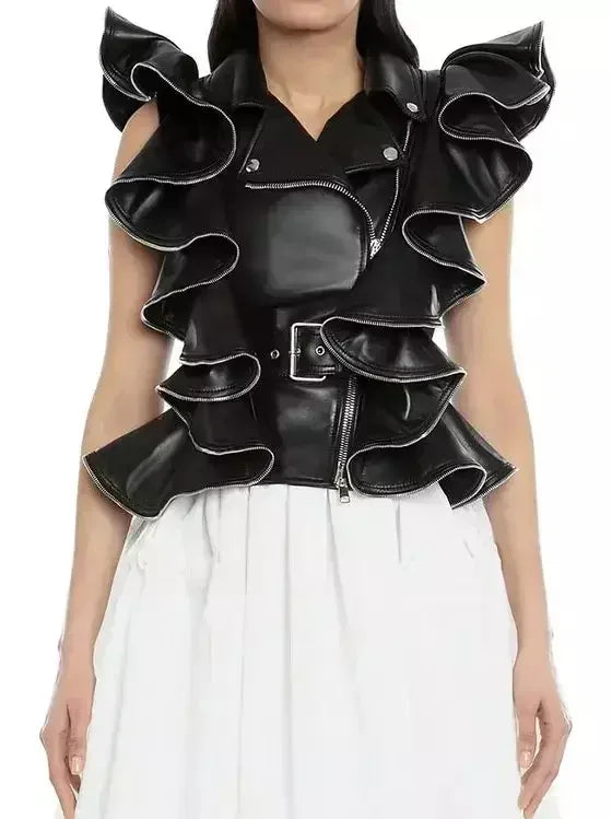 Belted Zipped Ruffle Leather Vest - Jackets