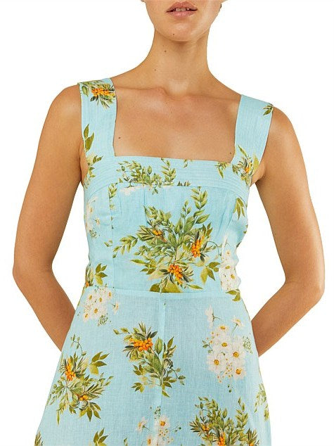 Floral print linen dress in Light Blue, perfect for summer outings and casual events