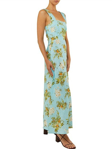 Light blue floral print linen dress showcasing elegant berry and floral patterns