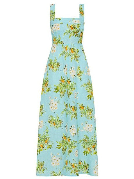 Light Blue Linen Dress featuring a vibrant floral print for a stylish summer look