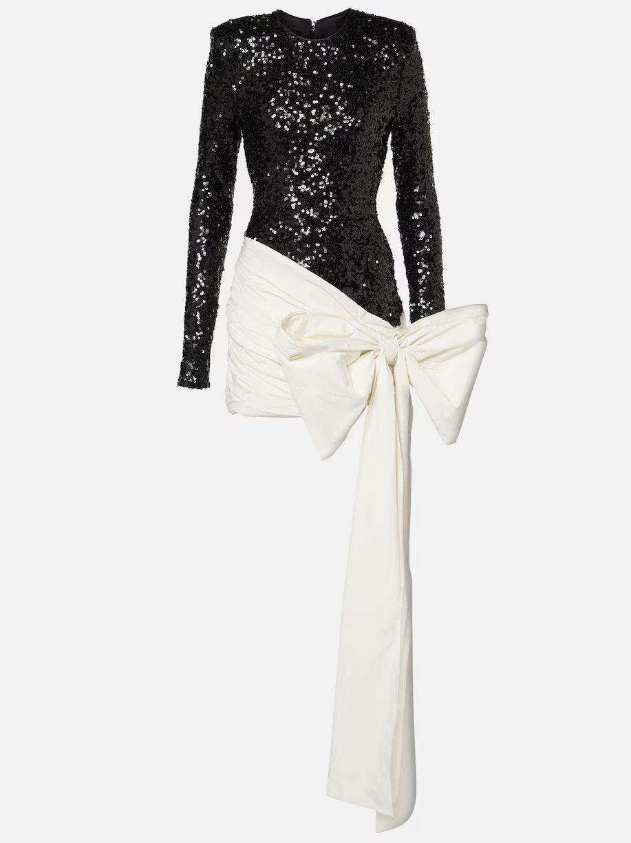 Sequin-embellished long-sleeve dress with gathered bow-detail and draped skirt in bi-color