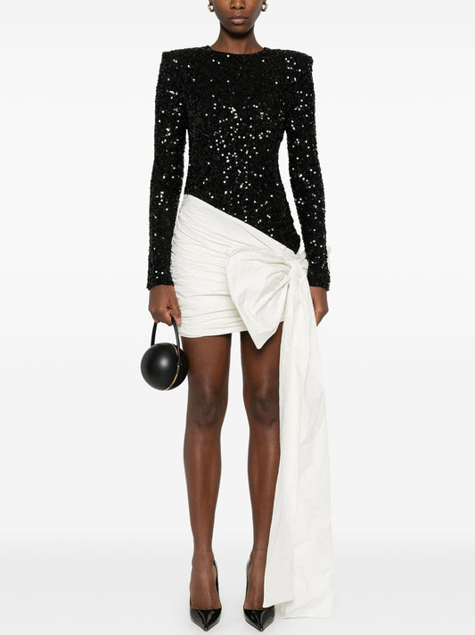 Sequin-embellished long-sleeve dress with gathered bow-detail and draped skirt design