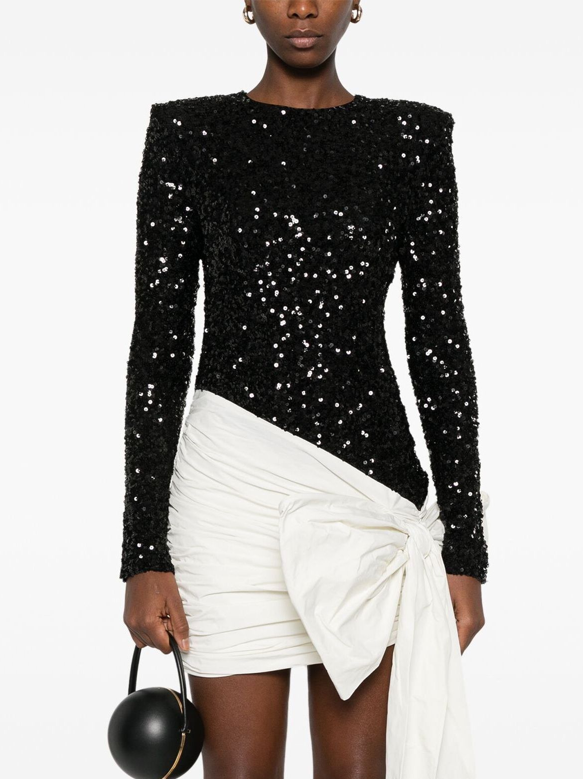 Sequin-covered long-sleeve bodysuit in Bi-Color Gathered Bow-Detail Mini Dress style