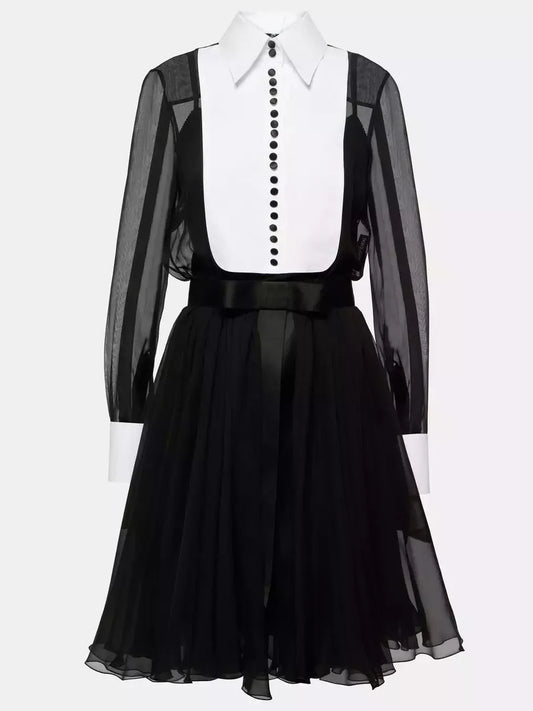 Bib-Collar Silk-Blend Tuxedo-Style Shirt-Dress - Dresses