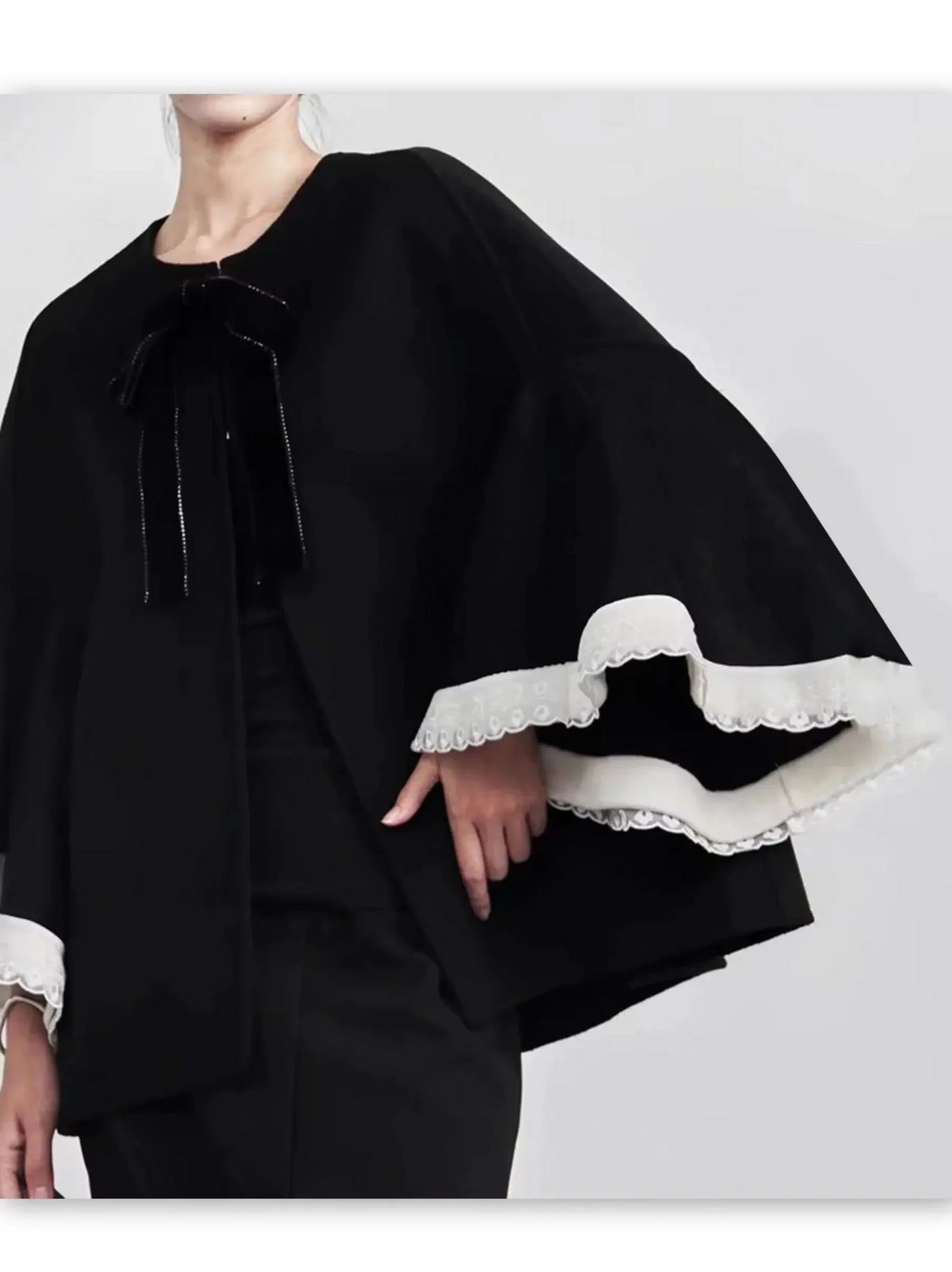 Bicolor Bell-Sleeve Jacket with Bow Detail - Jackets