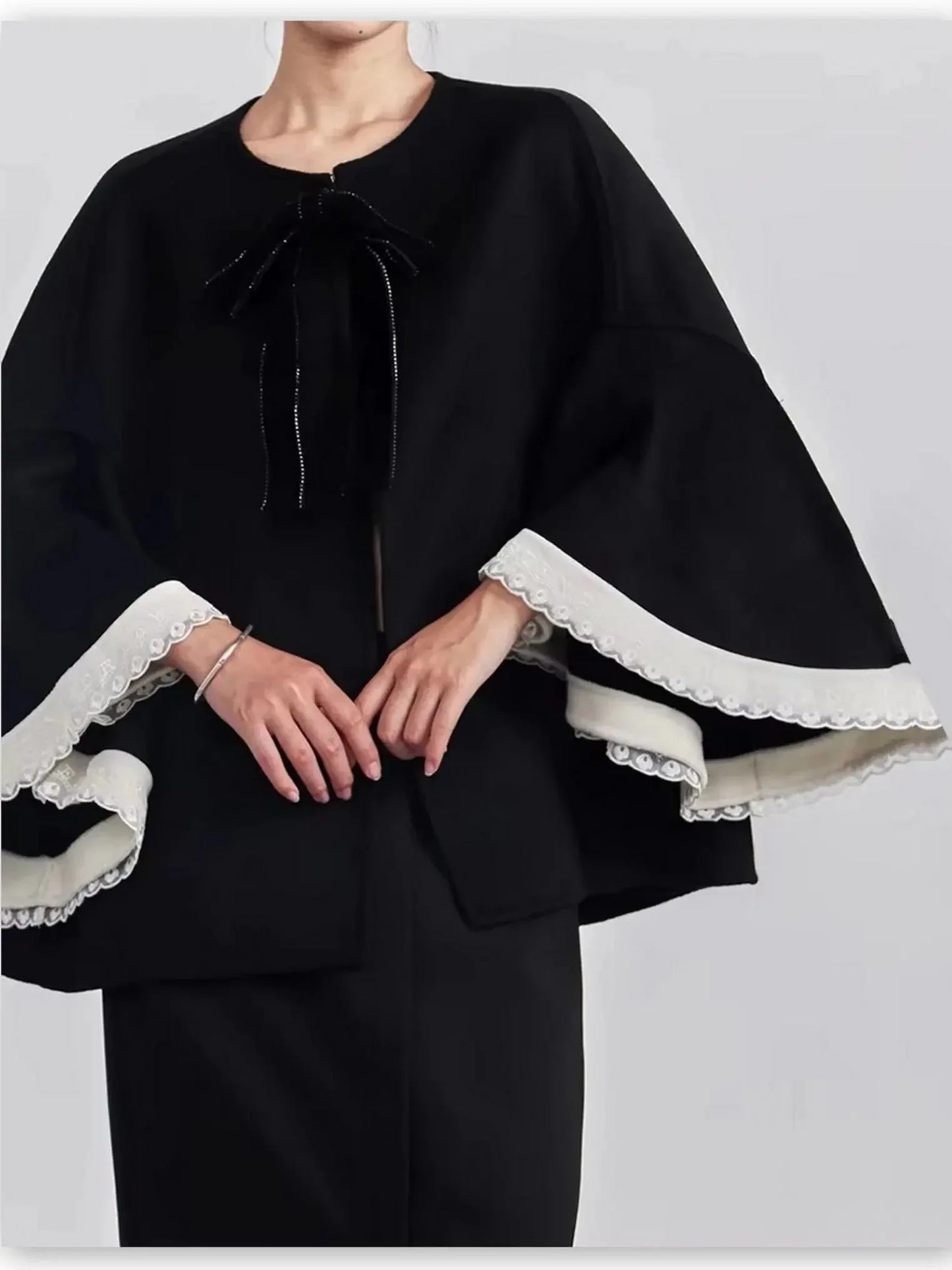 Bicolor Bell-Sleeve Jacket with Bow Detail - Jackets