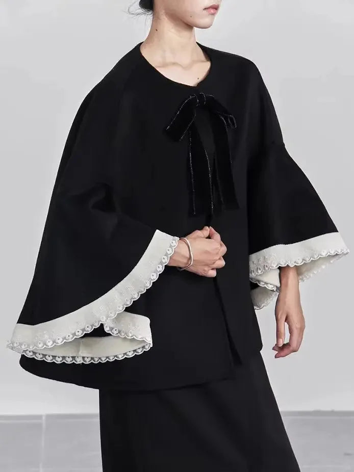 Bicolor Bell-Sleeve Jacket with Bow Detail - Jackets