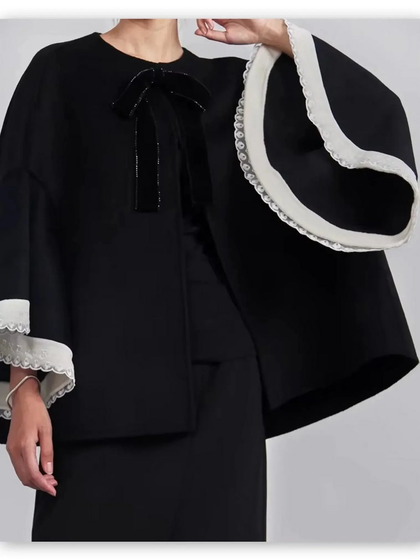 Bicolor Bell-Sleeve Jacket with Bow Detail - Jackets
