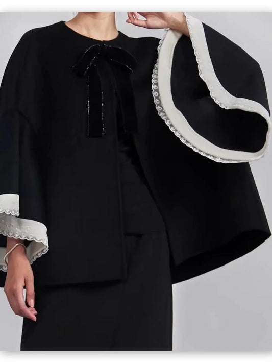 Bicolor Bell-Sleeve Jacket with Bow Detail - Jackets