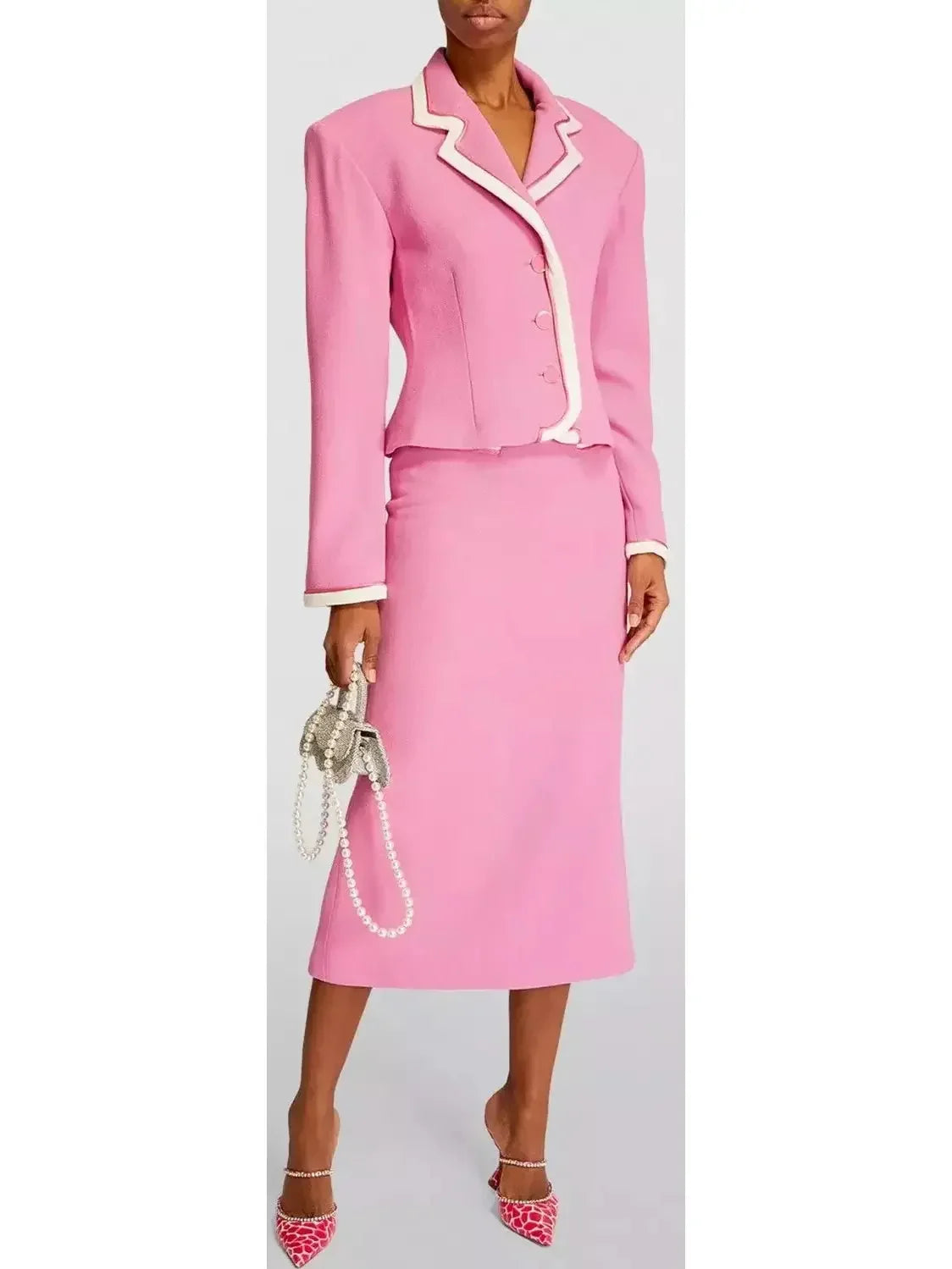 Bicolor Crepe Blazer and Skirt Set in Bubblegum Pink - Suits & Sets