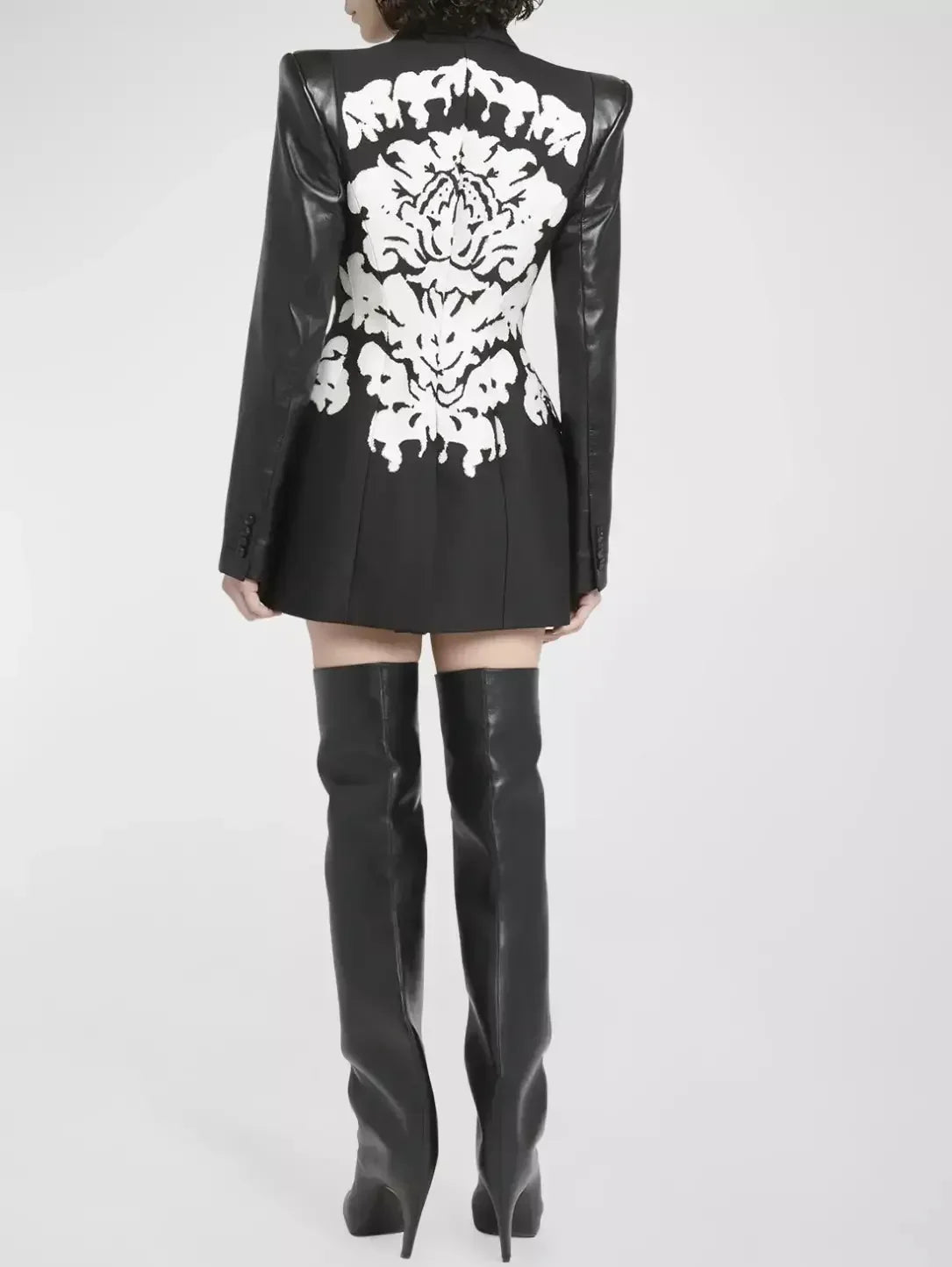 Bicolor Damask Pattern Faux-Leather and Jacquard Blazer - Jackets