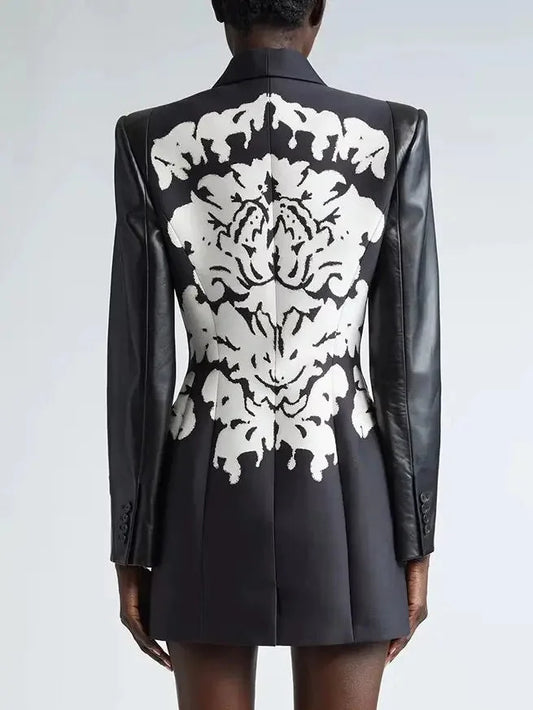 Bicolor Damask Pattern Faux-Leather and Jacquard Blazer - Jackets